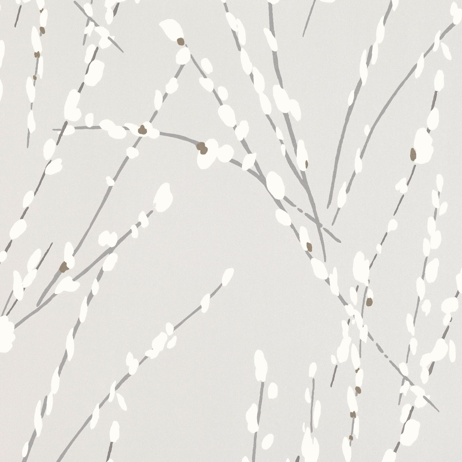 Pearl-grey wallpaper with white buds, branching grey stems and subtle taupe accents