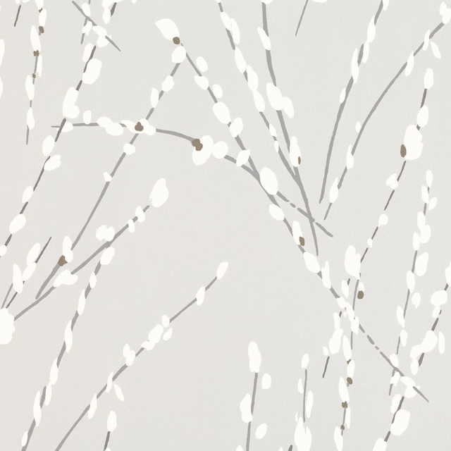 Pearl-grey wallpaper with white buds, branching grey stems and subtle taupe accents