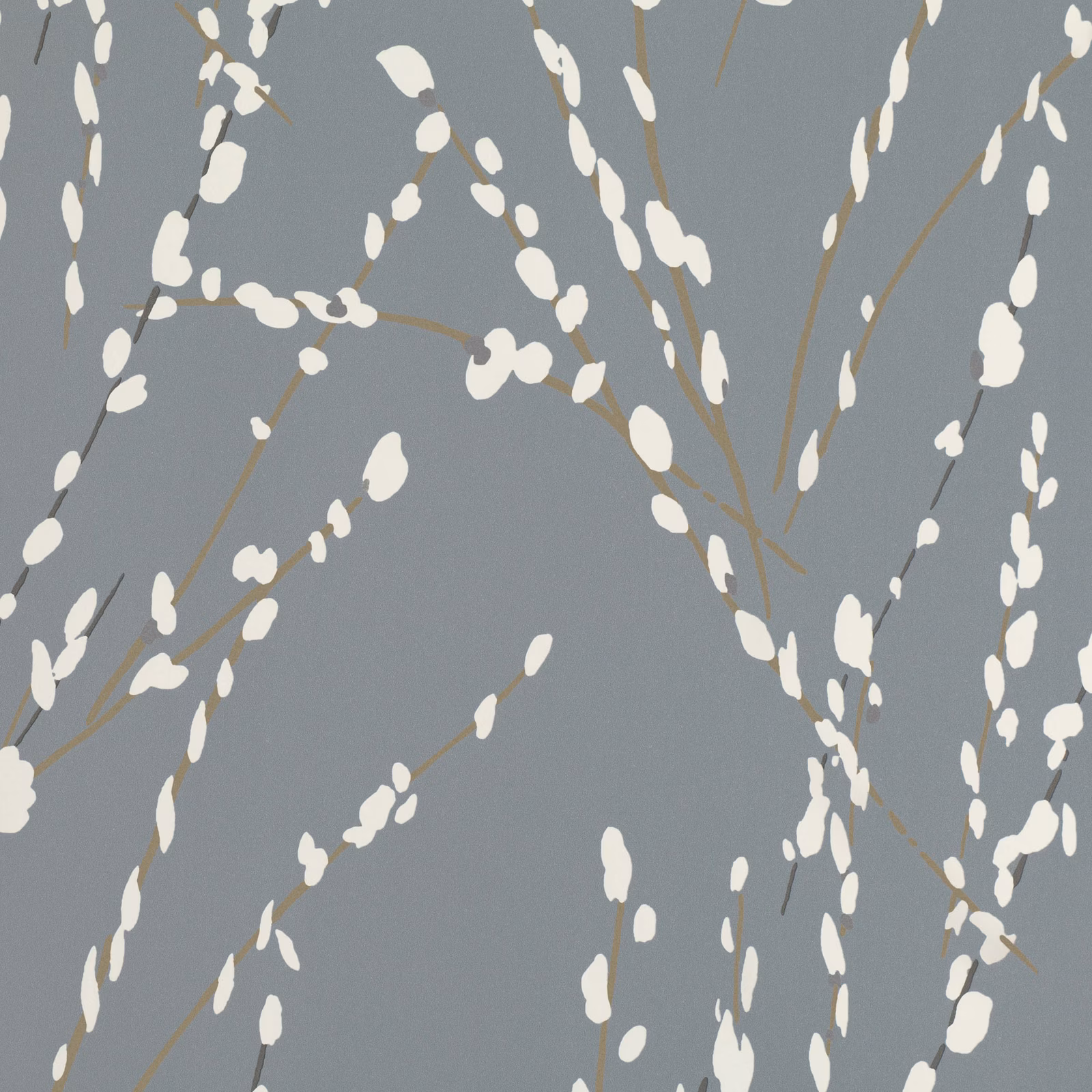 Blue-grey wallpaper with ivory catkin branches and fine ochre stems