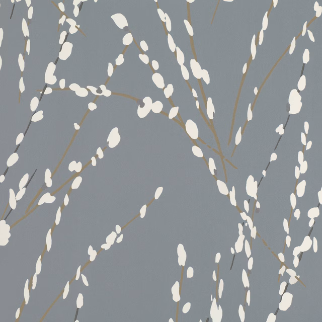 Blue-grey wallpaper with ivory catkin branches and fine ochre stems