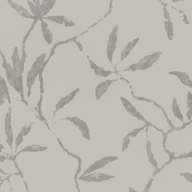 Mushroom taupe wallpaper with soft grey painterly leaves and branching botanical stems