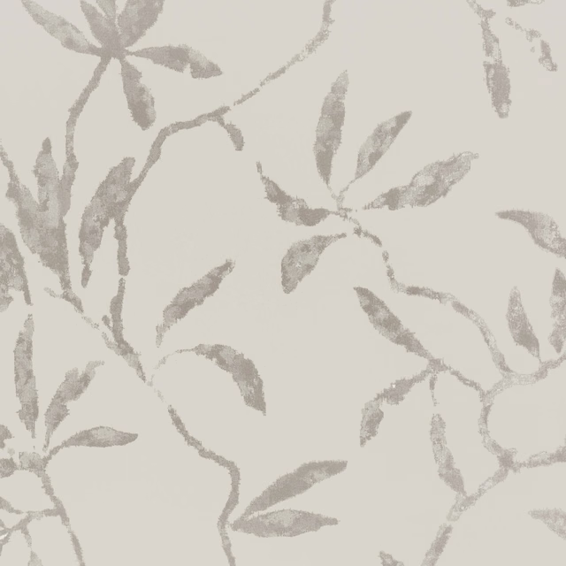 Pale sandstone wallpaper with softly mottled taupe-grey branches and scattered leaves