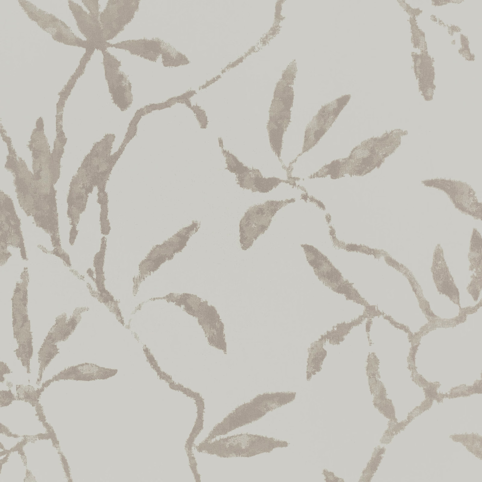 Pale silver-blue wallpaper with taupe branching stems and softly painted leaves