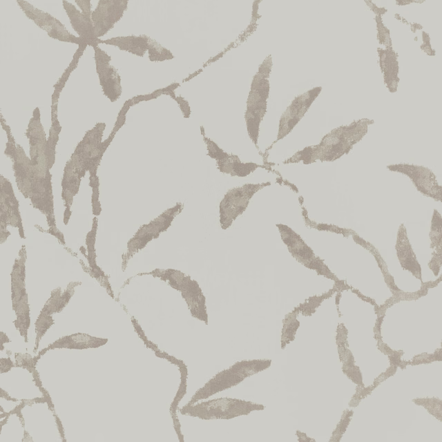 Pale silver-blue wallpaper with taupe branching stems and softly painted leaves