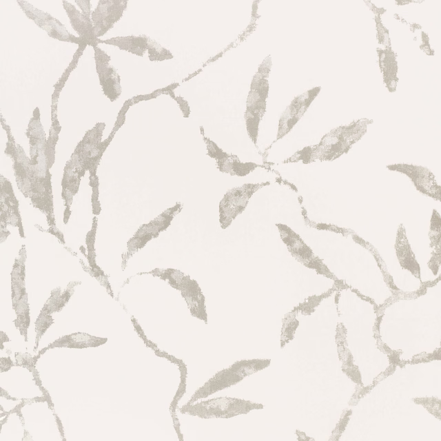 Warm ivory wallpaper with softly brushed pale grey botanical stems and scattered leaves