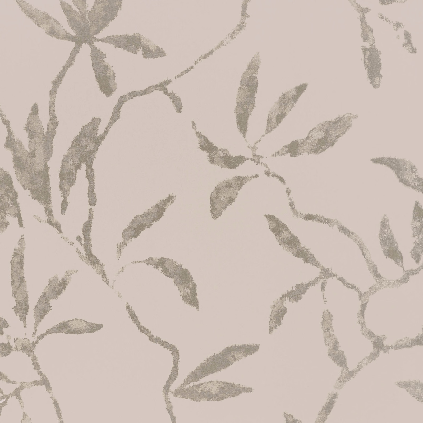 Dusty blush-taupe wallpaper with loose grey-green leafy stems and branches