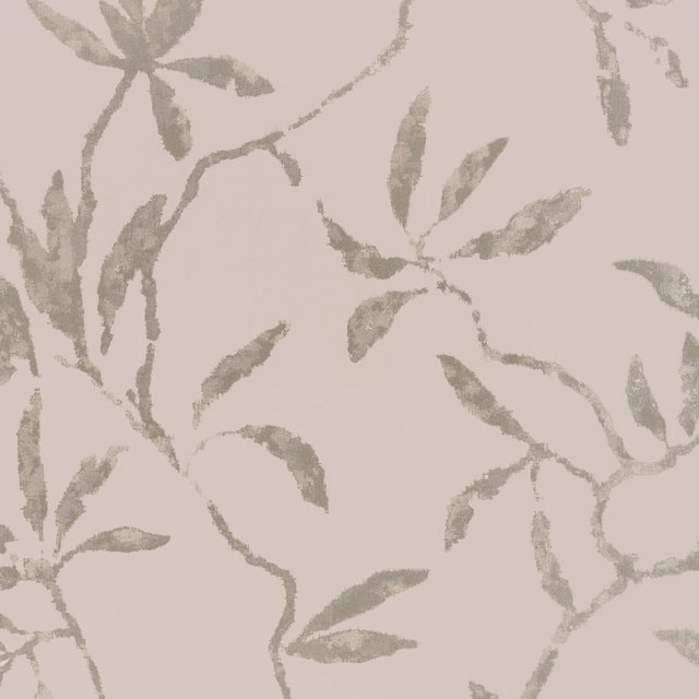 Dusty blush-taupe wallpaper with loose grey-green leafy stems and branches