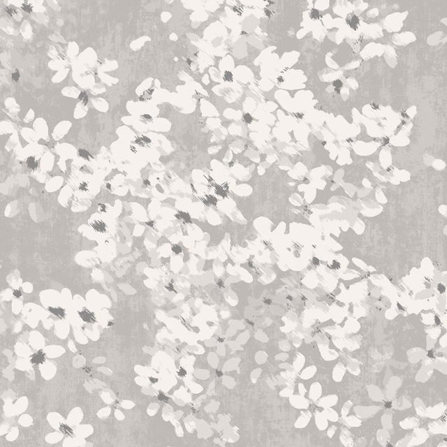 Silver-grey wallpaper with dense white painterly blossoms and softly mottled ground