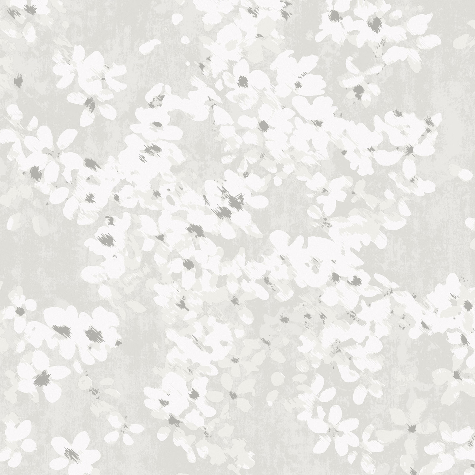 Pale mica-grey wallpaper with scattered ivory-white painterly flowers and soft grey foliage