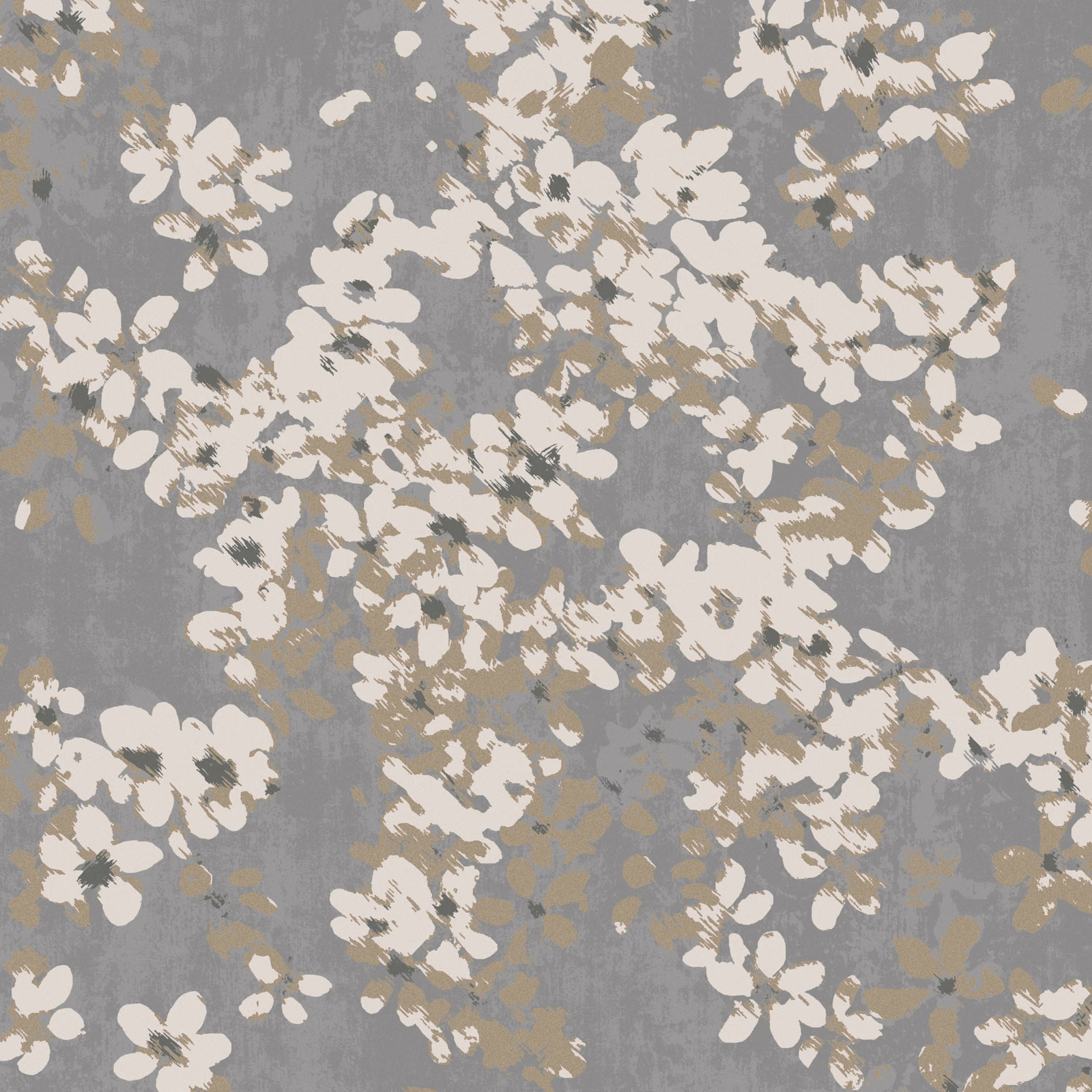 Cool grey Terrazzo wallpaper with ivory abstract blooms and muted taupe brushwork