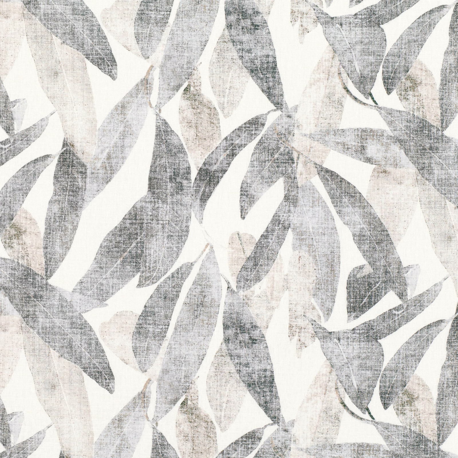 Cool eucalyptus-grey abstract leaves over a chalky cream, textured fabric ground