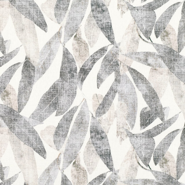 Cool eucalyptus-grey abstract leaves over a chalky cream, textured fabric ground