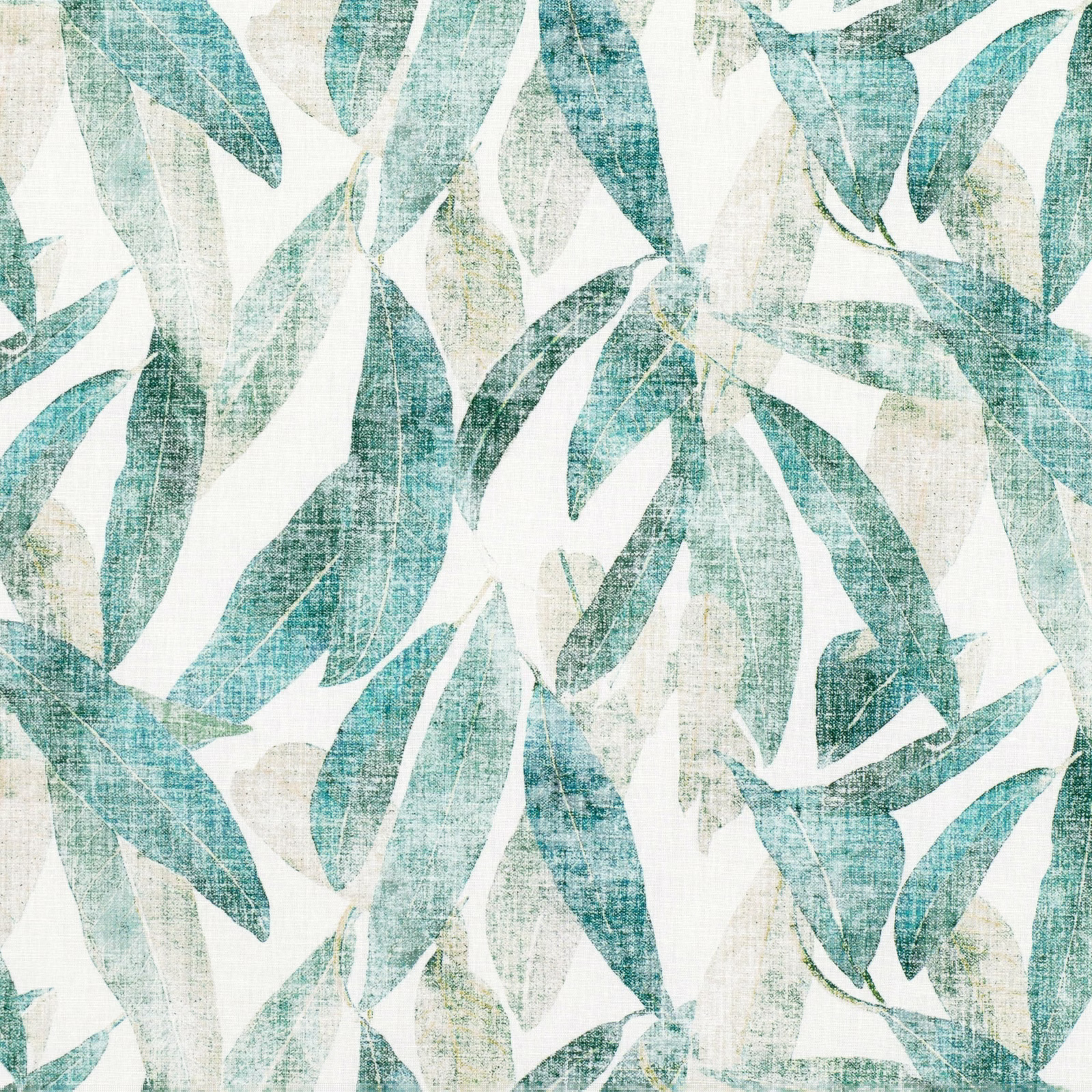 Cool jade and pale teal leaf shapes over an ivory, crosshatched ground