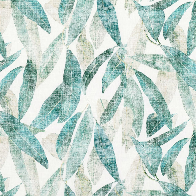 Cool jade and pale teal leaf shapes over an ivory, crosshatched ground
