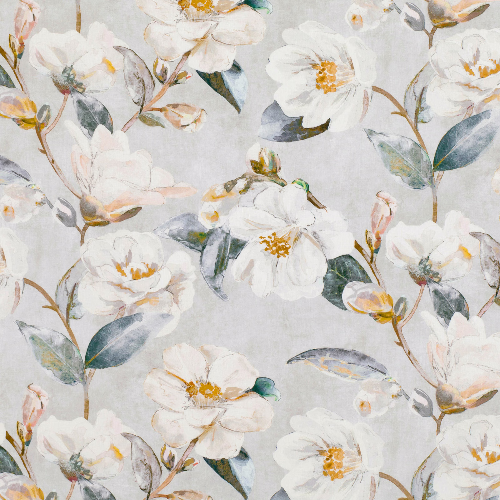 Ivory painterly flowers and blue-green leaves on a pale grey Cumin ground