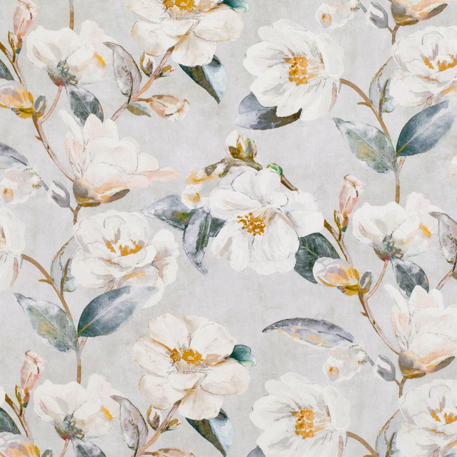 Ivory painterly flowers and blue-green leaves on a pale grey Cumin ground