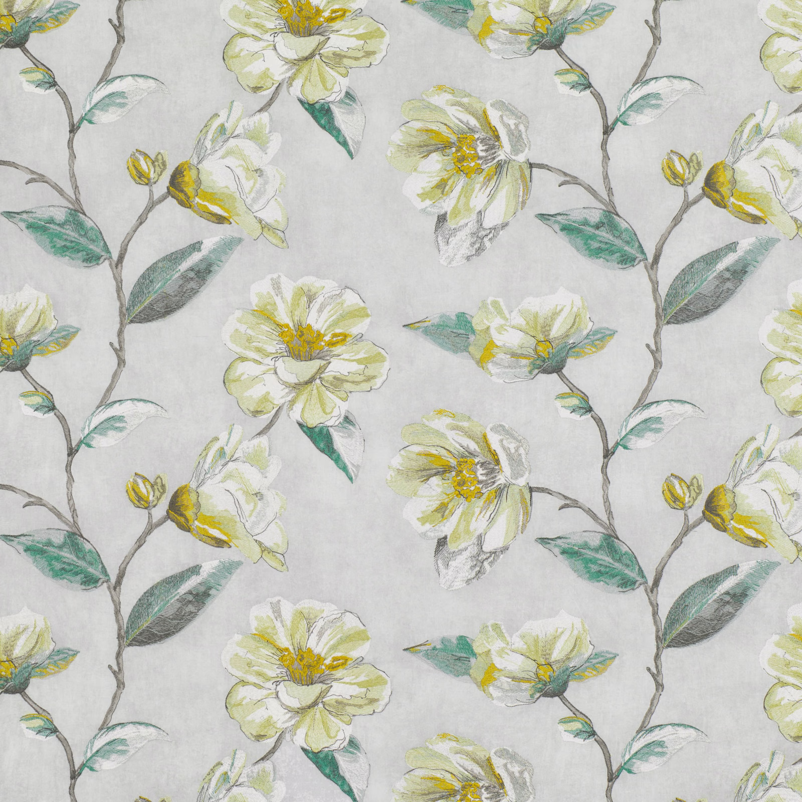 Pale grey embroidered floral swatch with sage leaves and yellow-green flower centres