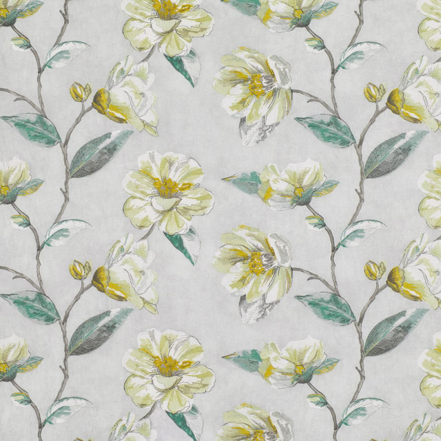 Pale grey embroidered floral swatch with sage leaves and yellow-green flower centres
