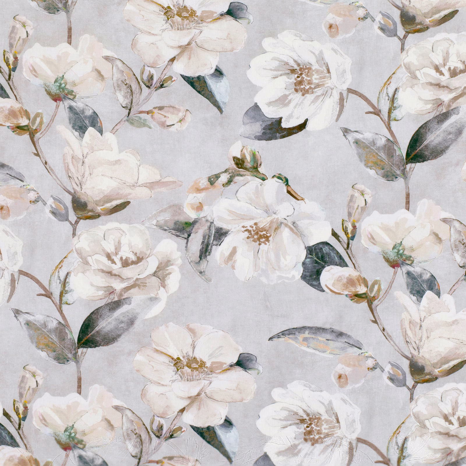 Pale eucalyptus-grey floral fabric with white blooms and painterly leafy stems