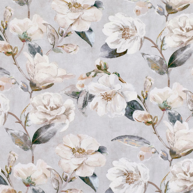Pale eucalyptus-grey floral fabric with white blooms and painterly leafy stems