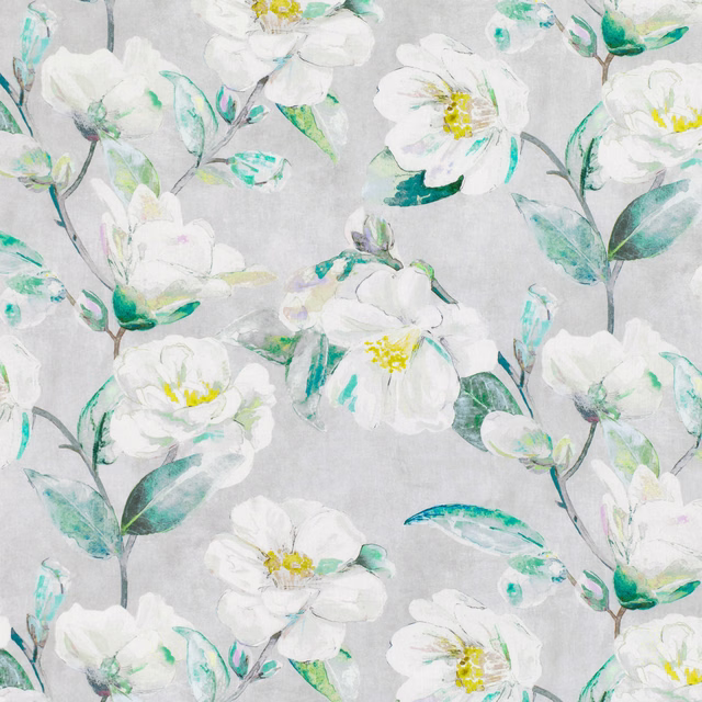 White blossoms and jade-turquoise leaves on a pale grey floral fabric ground