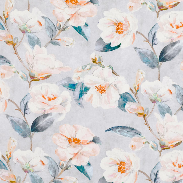 Pale grey floral fabric with blush blossoms, teal leaves and orange centres