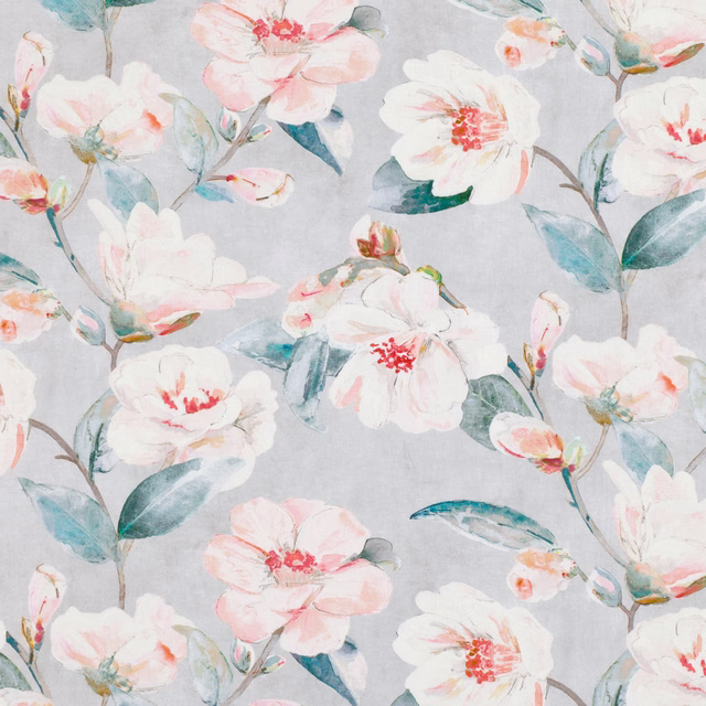 Pale blue-grey floral fabric with blush blossoms, teal leaves and painterly stems