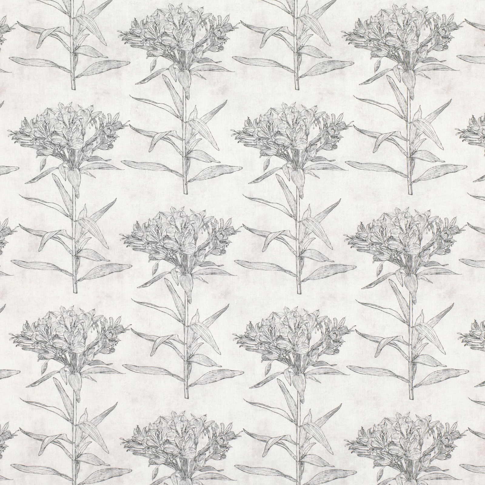 Pale granite-grey fabric with repeated sketched flowers, leafy stems and an almost-white ground