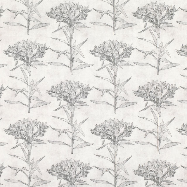 Pale granite-grey fabric with repeated sketched flowers, leafy stems and an almost-white ground