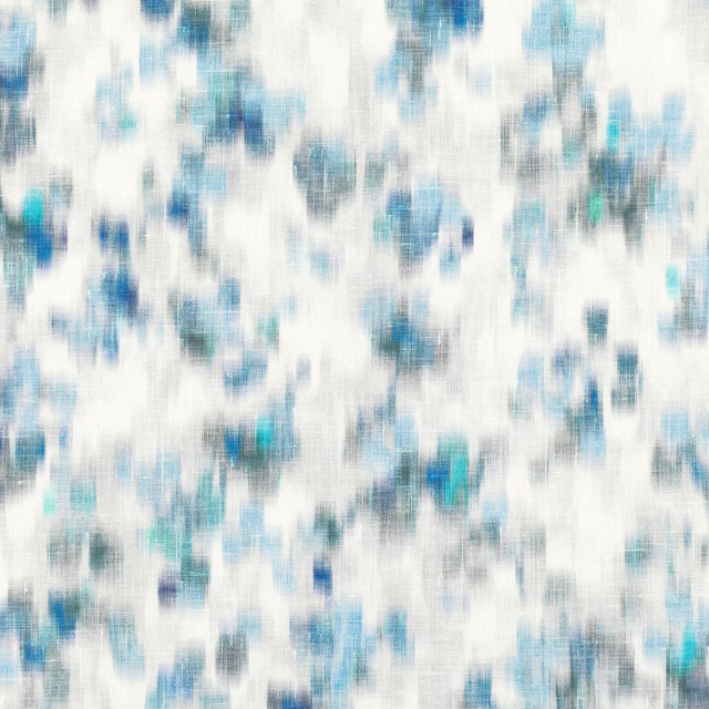 Cobalt, aqua and grey painterly marks across a pale woven textile