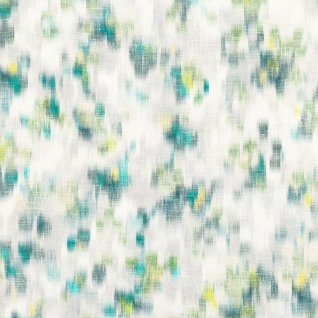 Jade textile swatch with blurred teal, green and lemon marks on a pale ground