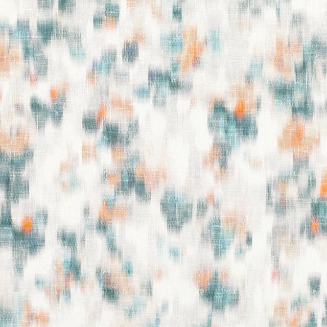 Ivory textile with blurred teal and mandarin brush-like marks in fine crosshatch texture