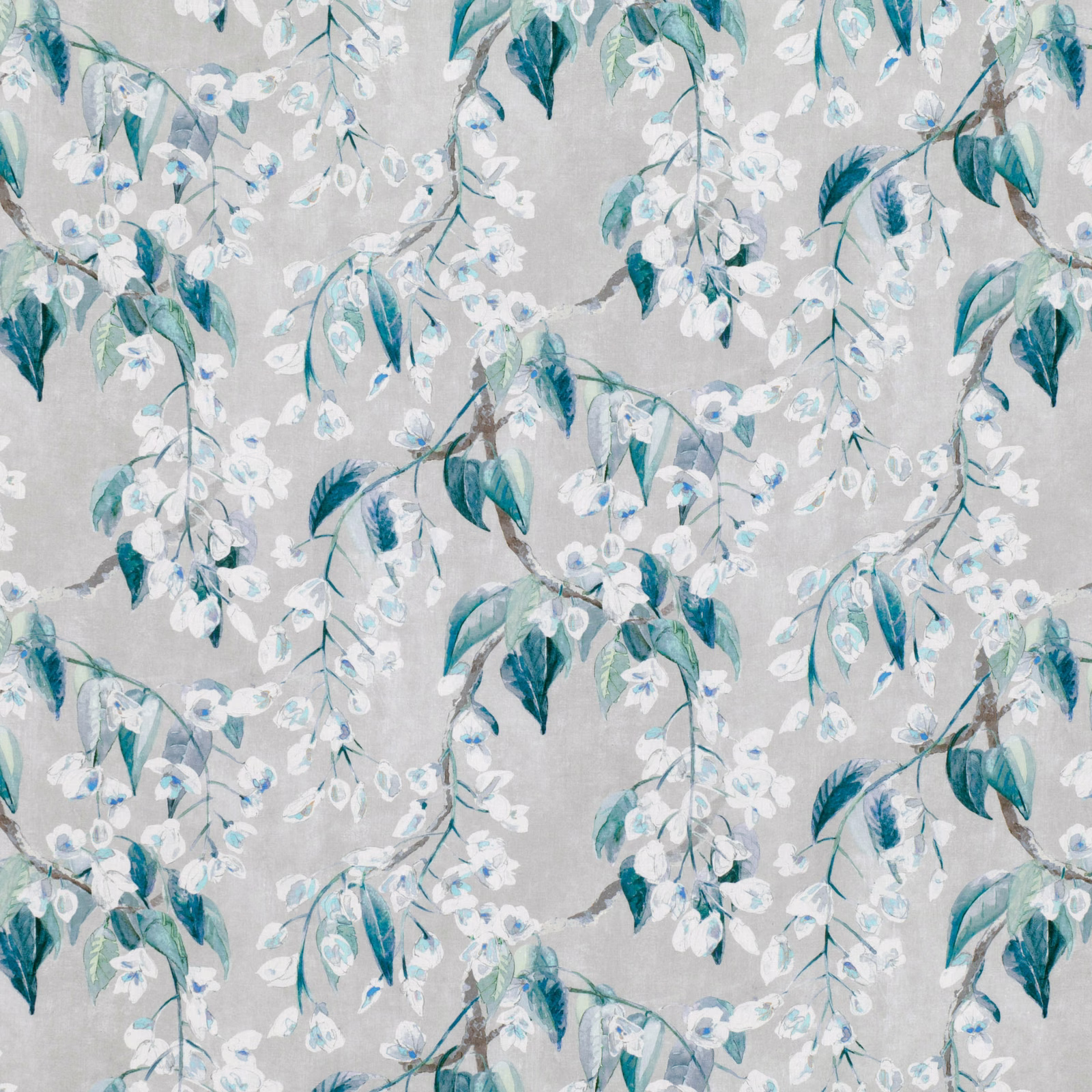 Pale grey floral fabric with teal leaves and white blossom sprays