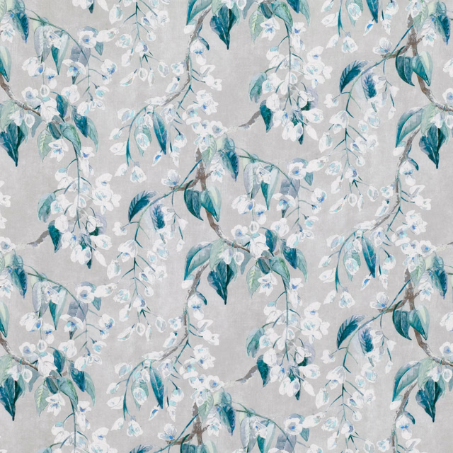 Pale grey floral fabric with teal leaves and white blossom sprays