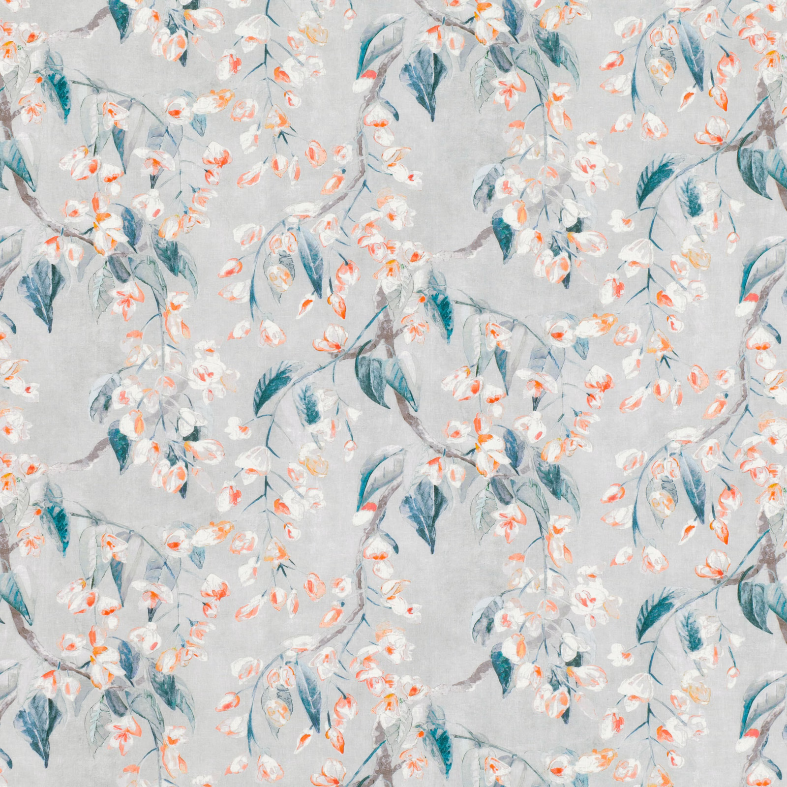 Pale blue-grey floral fabric with teal leaves, white blossoms and mandarin accents