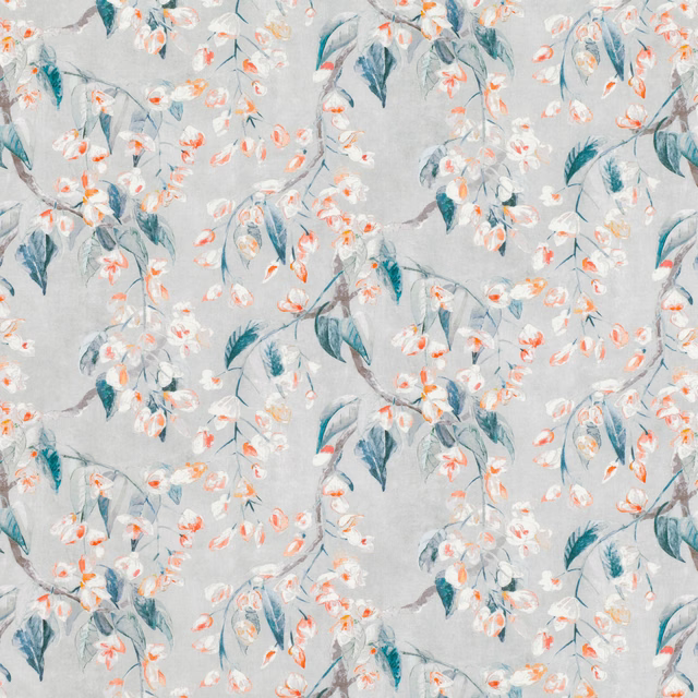 Pale blue-grey floral fabric with teal leaves, white blossoms and mandarin accents