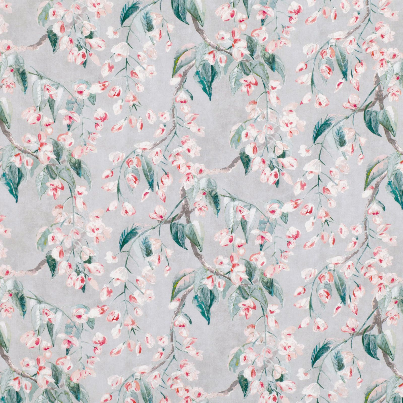 Blue-grey floral fabric with blush blossoms, teal leaves and trailing branches