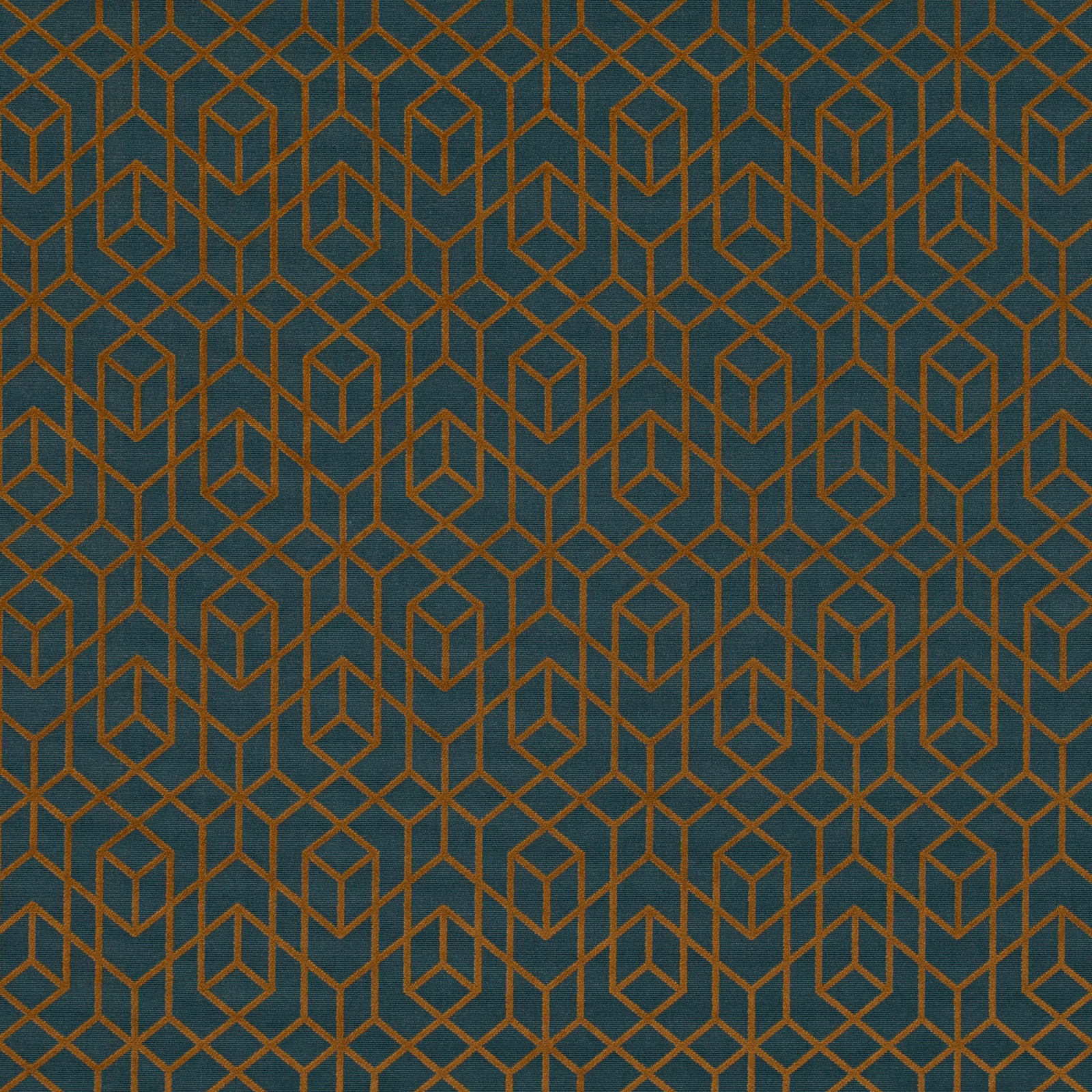 Deep teal fabric with copper interlocking cube motifs and subtle woven texture