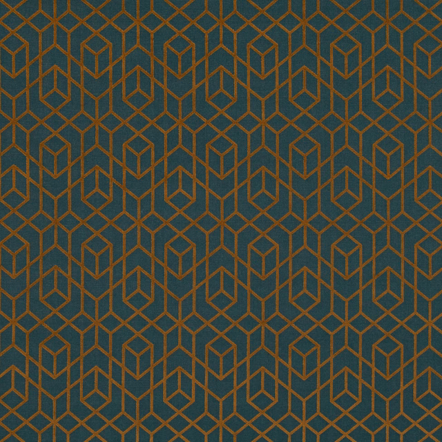 Deep teal fabric with copper interlocking cube motifs and subtle woven texture