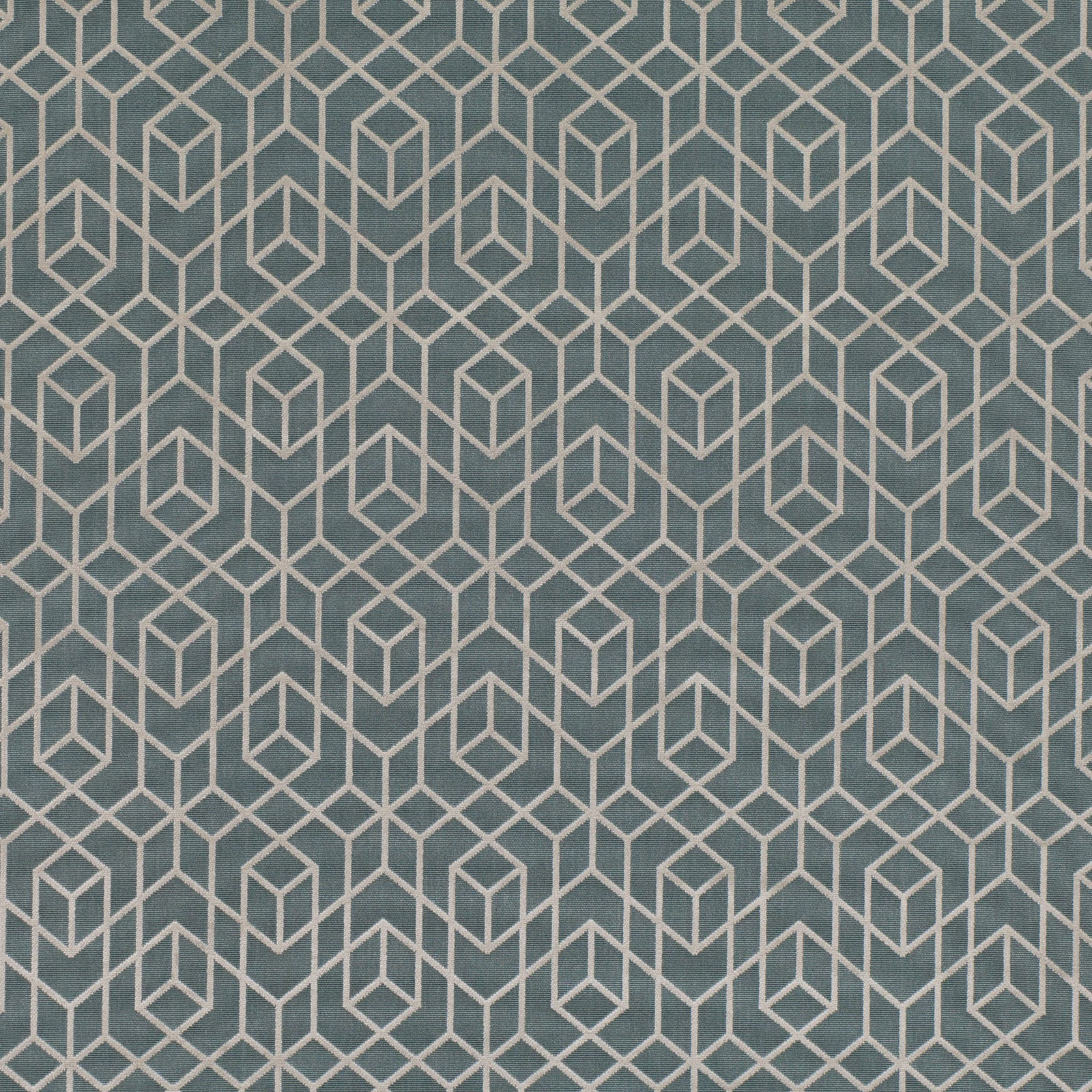 Muted blue-teal textile with pale ivory interlocking cube geometry and woven texture