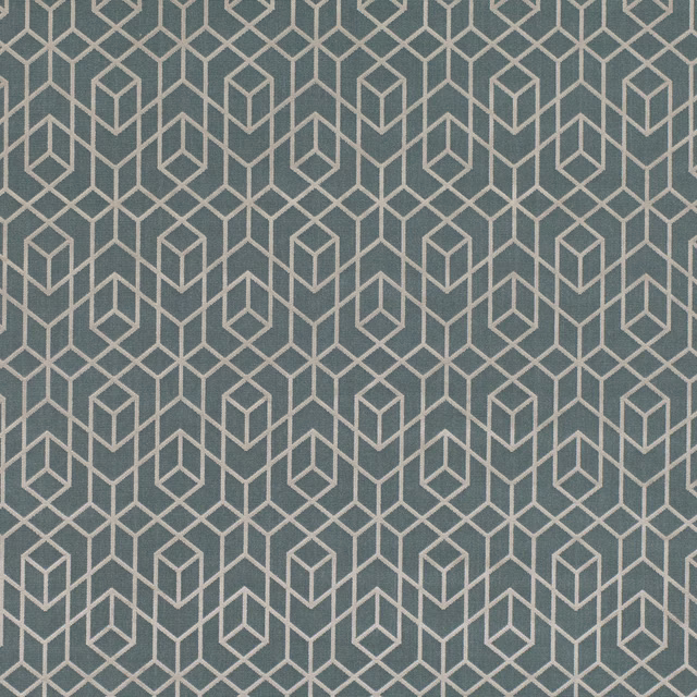 Muted blue-teal textile with pale ivory interlocking cube geometry and woven texture
