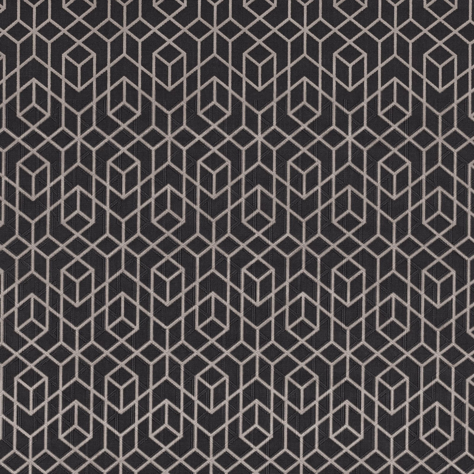 Charcoal slate fabric with stone-grey outlined cube geometry and a fine woven texture
