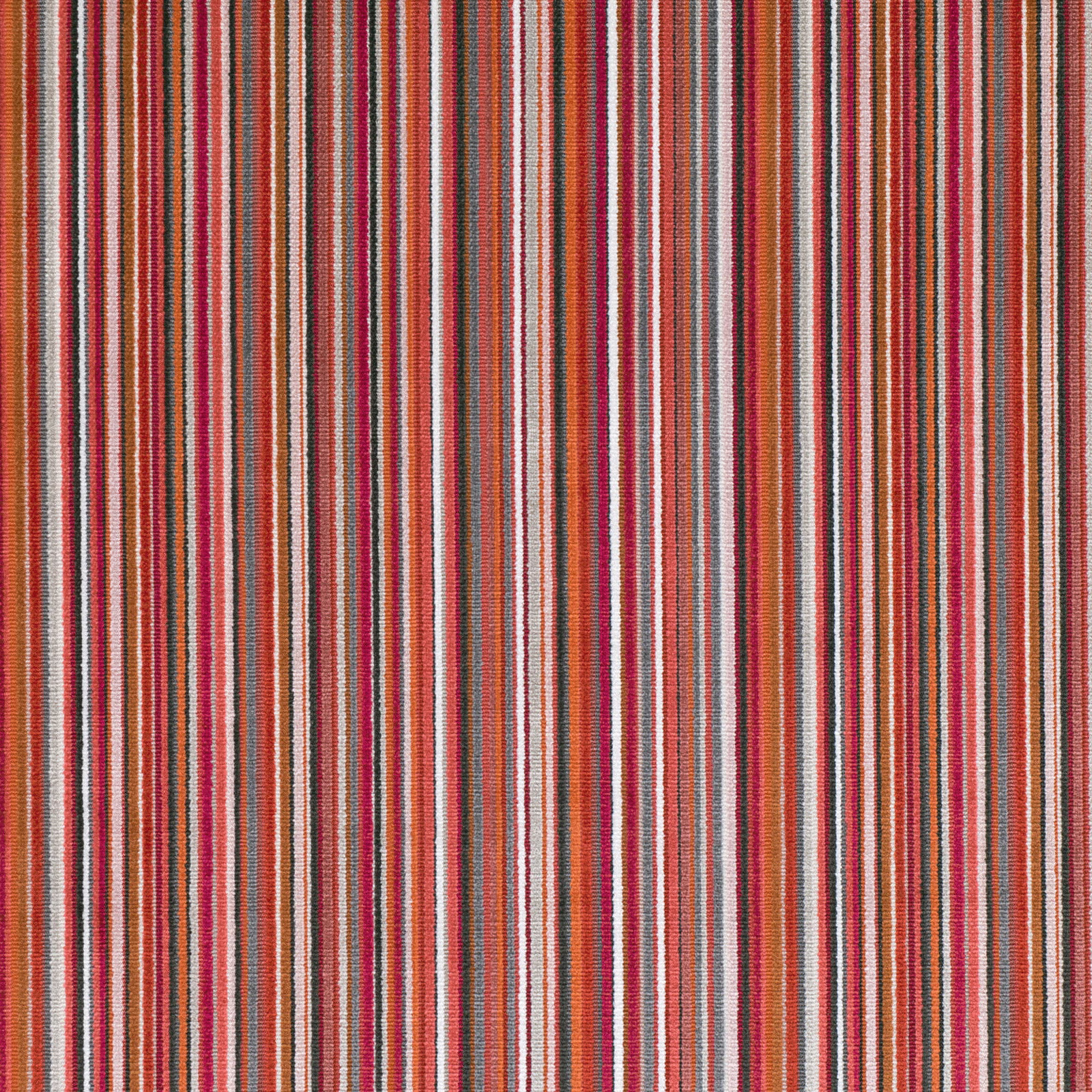 Carioca Chilli fabric with fine vertical chilli, coral, cream and grey stripes