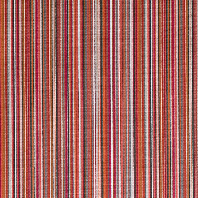 Carioca Chilli fabric with fine vertical chilli, coral, cream and grey stripes
