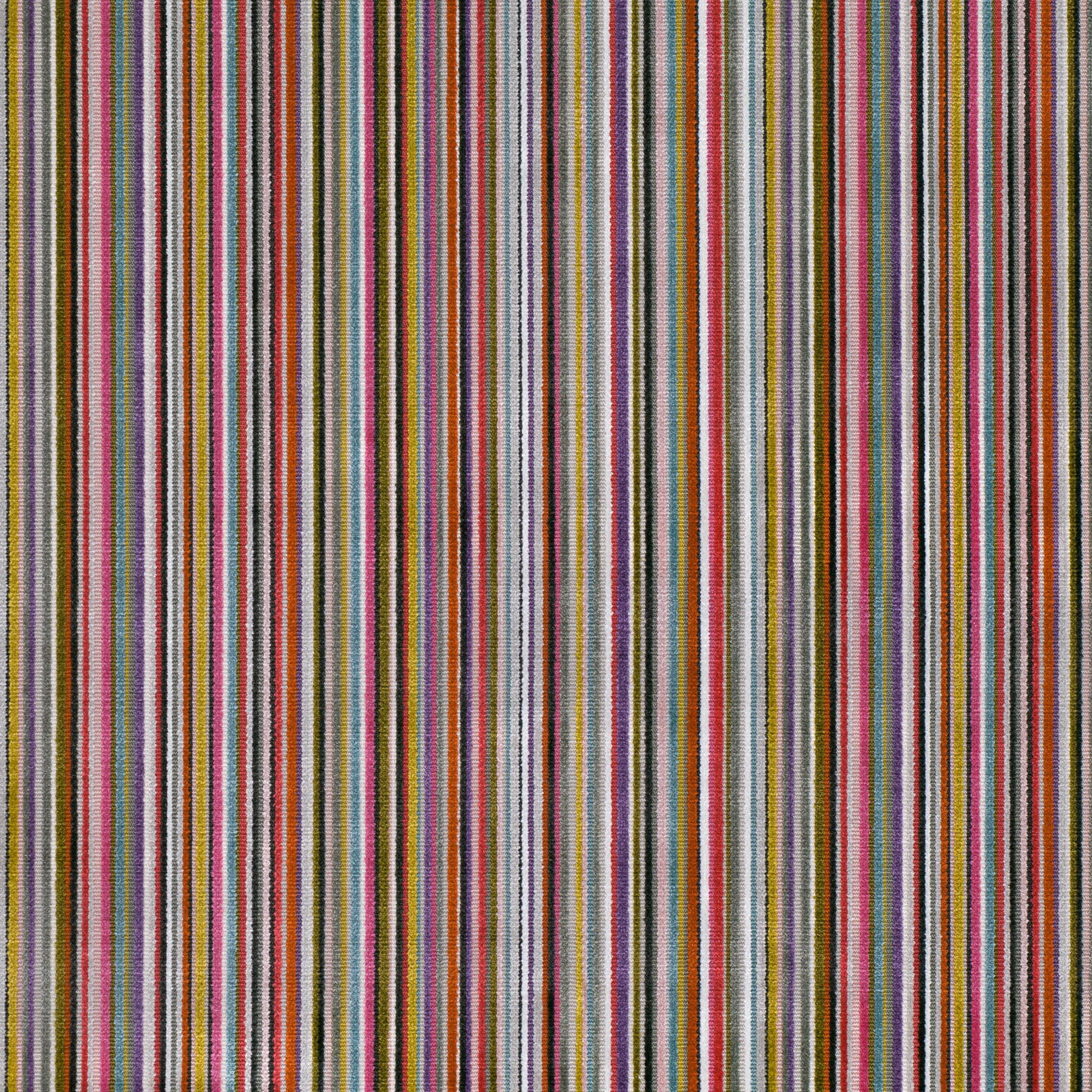 Fine vertical stripes in peony pink, red, green, blue, grey and neutral tones