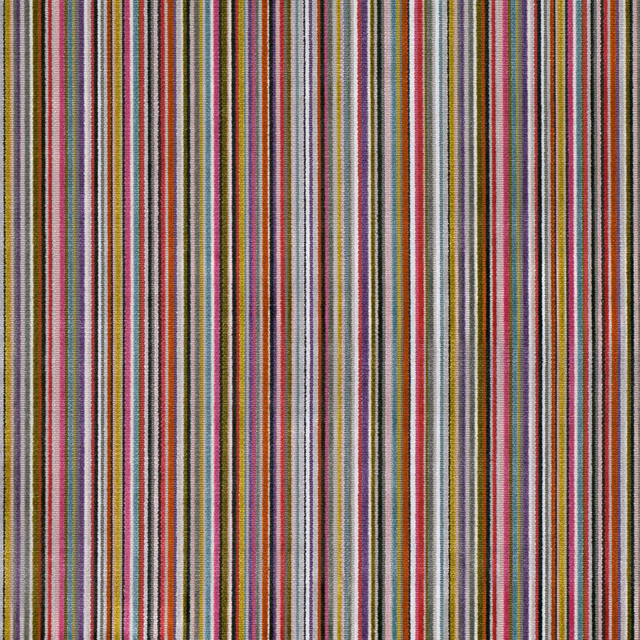 Fine vertical stripes in peony pink, red, green, blue, grey and neutral tones