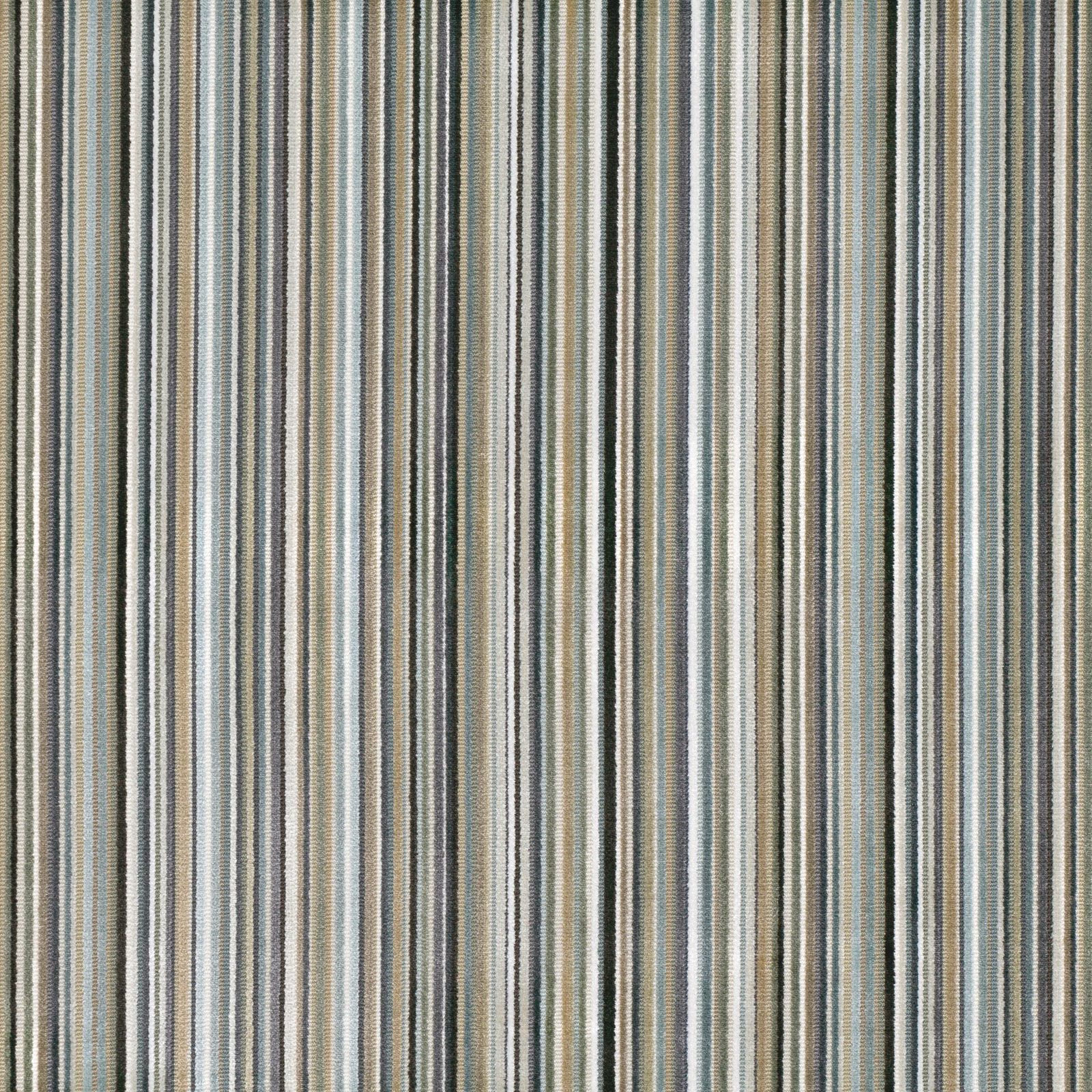 Warm taupe striped textile with fine teal, cream and charcoal vertical lines