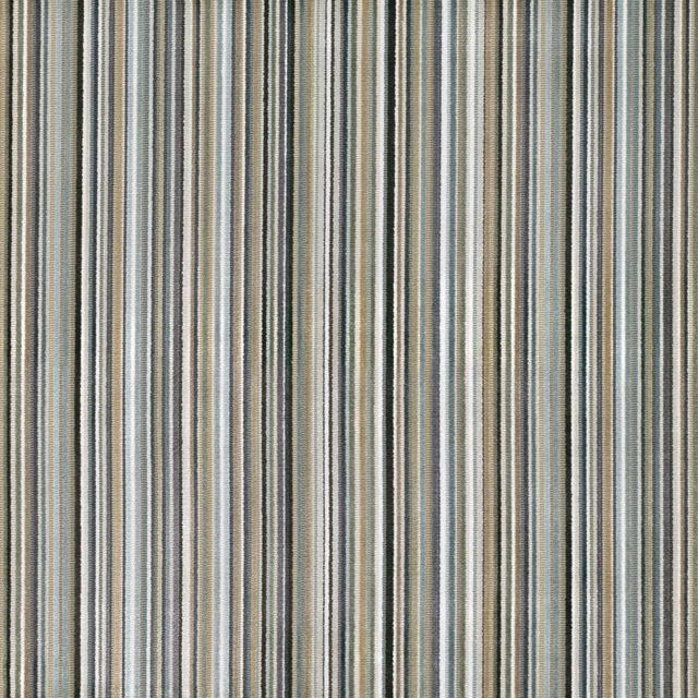 Warm taupe striped textile with fine teal, cream and charcoal vertical lines