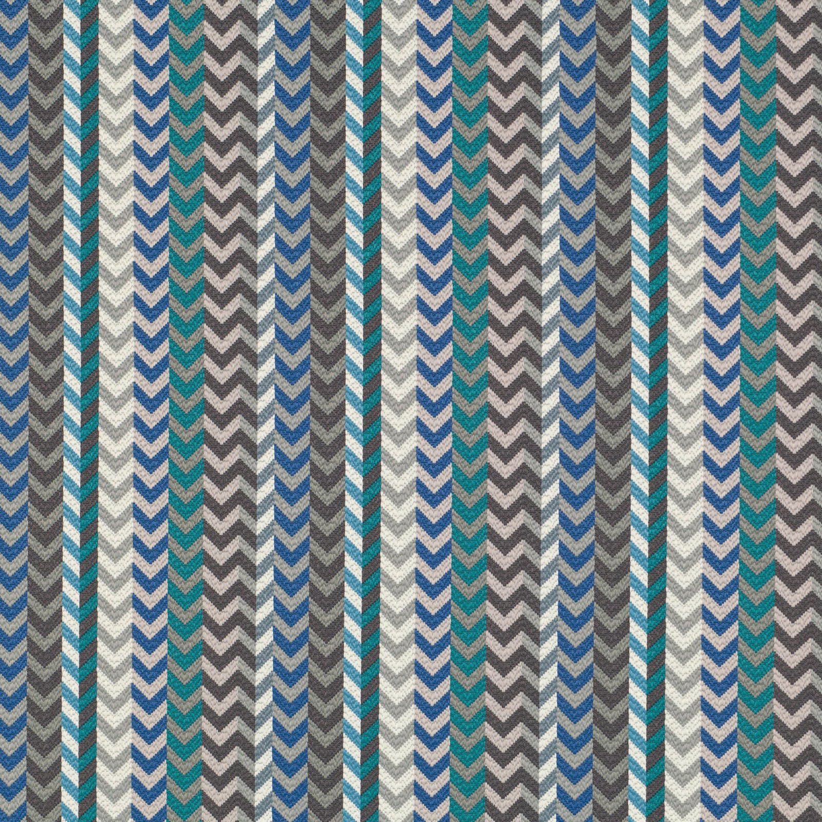 Teal, blue and grey woven fabric with vertical repeating chevron stripes