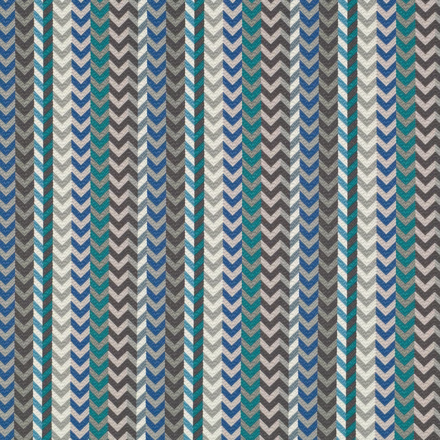 Teal, blue and grey woven fabric with vertical repeating chevron stripes
